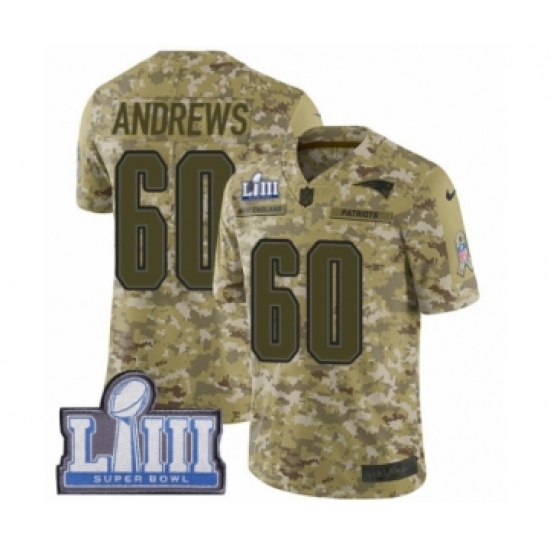 Men's Nike New England Patriots 60 David Andrews Limited Camo 2018 Salute to Service Super Bowl LIII Bound NFL Jersey