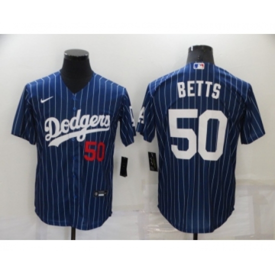 Men's Los Angeles Dodgers 50 Mookie Betts Blue Pinstripe Stitched MLB Cool Base Nike Jersey