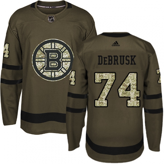 Men's Adidas Boston Bruins 74 Jake DeBrusk Authentic Green Salute to Service NHL Jersey