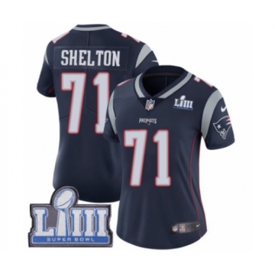 Women's Nike New England Patriots 71 Danny Shelton Navy Blue Team Color Vapor Untouchable Limited Player Super Bowl LIII Bound NFL Jersey