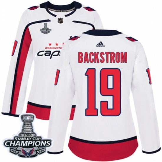 Women's Adidas Washington Capitals 19 Nicklas Backstrom Authentic White Away 2018 Stanley Cup Final Champions NHL Jersey