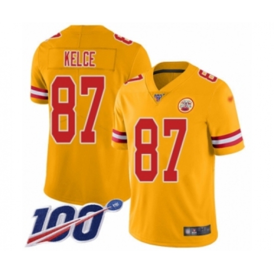 Youth Nike Kansas City Chiefs 87 Travis Kelce Limited Gold Inverted Legend 100th Season NFL Jersey