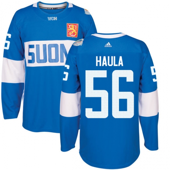 Men's Adidas Team Finland 56 Erik Haula Authentic Blue Away 2016 World Cup of Hockey Jersey