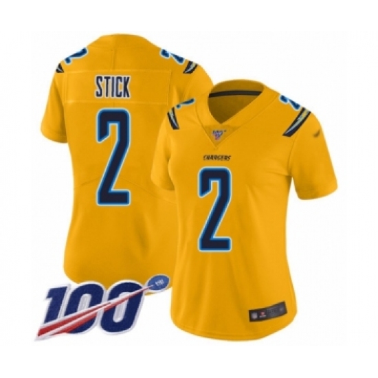 Women's Los Angeles Chargers 2 Easton Stick Limited Gold Inverted Legend 100th Season Football Jersey