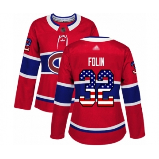 Women's Montreal Canadiens 32 Christian Folin Authentic Red USA Flag Fashion Hockey Jersey