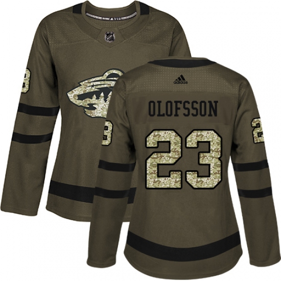 Women's Adidas Minnesota Wild 23 Gustav Olofsson Authentic Green Salute to Service NHL Jersey