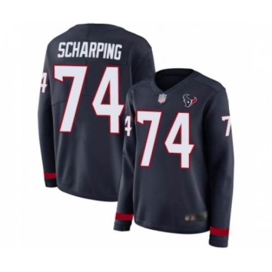 Women's Houston Texans 74 Max Scharping Limited Navy Blue Therma Long Sleeve Football Jersey