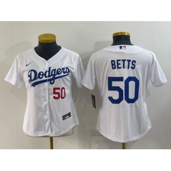 Women's Los Angeles Dodgers 50 Mookie Betts White With Red Stitched MLB Cool Base Nike Jersey