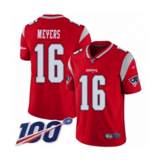 Men's New England Patriots 16 Jakobi Meyers Limited Red Inverted Legend 100th Season Football Jersey