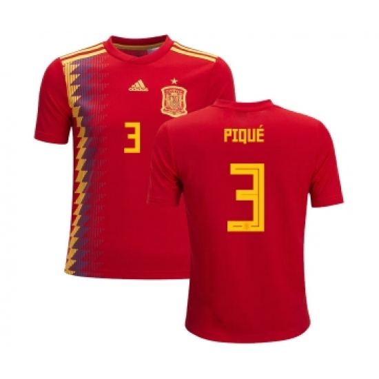 Spain 3 Pique Red Home Kid Soccer Country Jersey