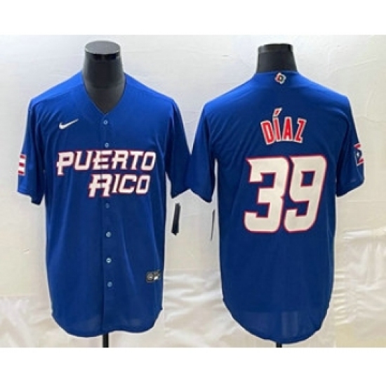 Men's Puerto Rico Baseball 39 Edwin Diaz 2023 Blue World Baseball Classic Stitched Jersey