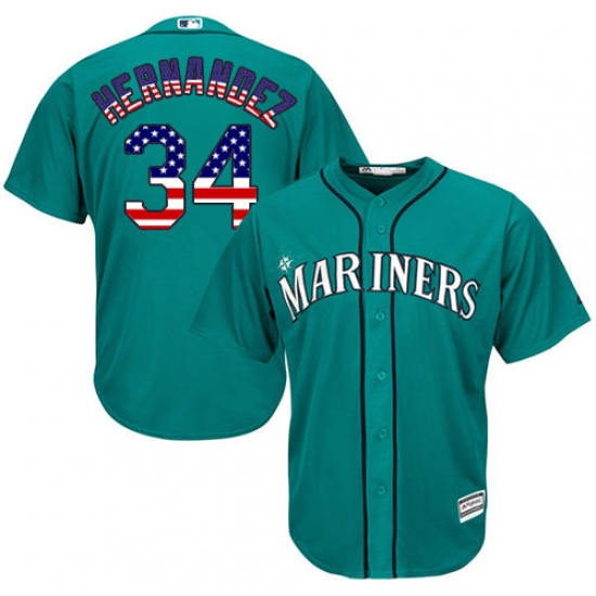 Men's Majestic Seattle Mariners 34 Felix Hernandez Authentic Teal Green USA Flag Fashion MLB Jersey