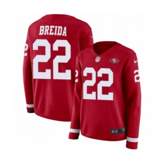 Women's Nike San Francisco 49ers 22 Matt Breida Limited Red Therma Long Sleeve NFL Jersey