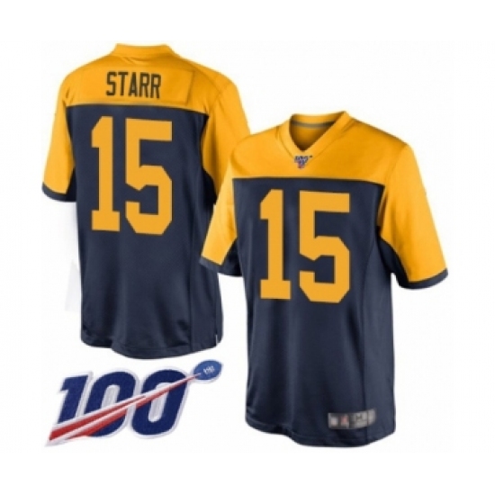 Men's Green Bay Packers 15 Bart Starr Limited Navy Blue Alternate 100th Season Football Jersey