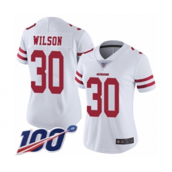 Women's San Francisco 49ers 30 Jeff Wilson White Vapor Untouchable Limited Player 100th Season Football Jersey