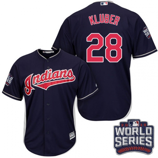Youth Majestic Cleveland Indians 28 Corey Kluber Authentic Navy Blue Alternate 1 2016 World Series Bound Cool Base MLB Jersey
