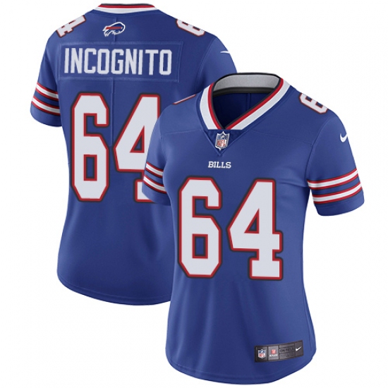 Women's Nike Buffalo Bills 64 Richie Incognito Royal Blue Team Color Vapor Untouchable Limited Player NFL Jersey