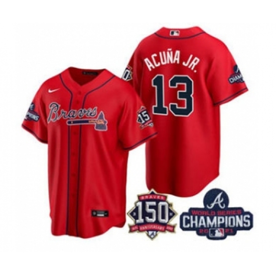 Men's Atlanta Braves 13 Ronald Acuna Jr. 2021 Red World Series Champions With 150th Anniversary Patch Cool Base Stitched Jersey
