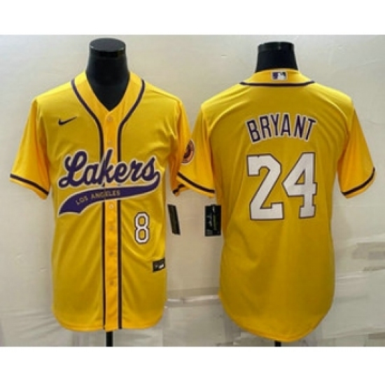 Men's Los Angeles Lakers 8 24 Kobe Bryant Yellow With Cool Base Stitched Baseball Jersey