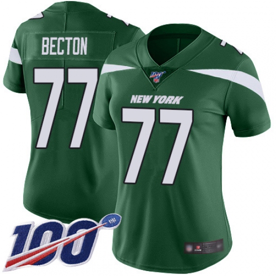 Women's New York Jets 77 Mekhi Becton Green Team Color Stitched 100th Season Vapor Untouchable Limited Jersey