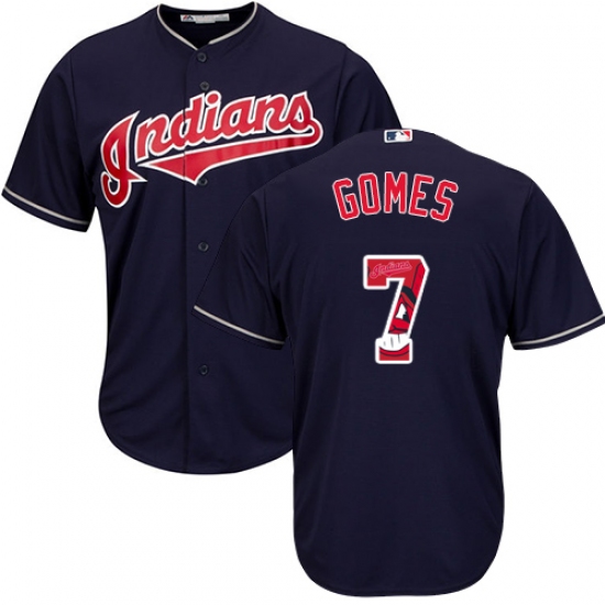 Men's Majestic Cleveland Indians 7 Yan Gomes Authentic Navy Blue Team Logo Fashion Cool Base MLB Jersey