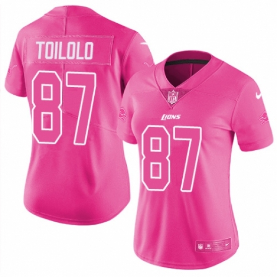 Women's Nike Detroit Lions 87 Levine Toilolo Limited Pink Rush Fashion NFL Jersey
