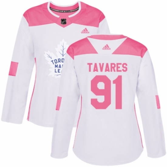 Women's Adidas Toronto Maple Leafs 91 John Tavares Authentic White Pink Fashion NHL Jersey