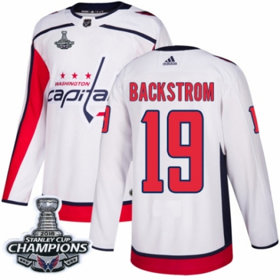 Men's Adidas Washington Capitals 19 Nicklas Backstrom Authentic White Away 2018 Stanley Cup Final Champions NHL Jersey