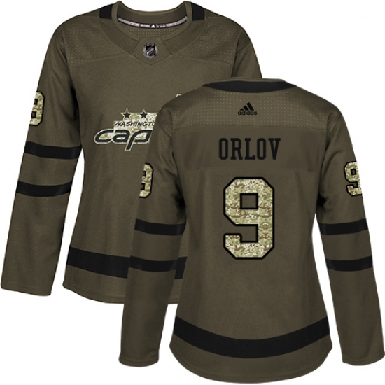 Women's Adidas Washington Capitals 9 Dmitry Orlov Authentic Green Salute to Service NHL Jersey