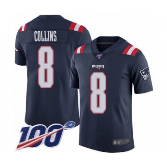 Men's New England Patriots 8 Jamie Collins Limited Navy Blue Rush Vapor Untouchable 100th Season Football Jersey