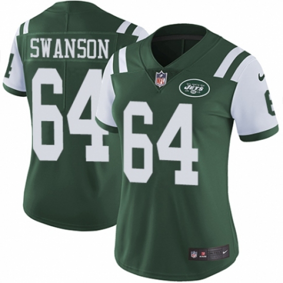Women's Nike New York Jets 64 Travis Swanson Green Team Color Vapor Untouchable Limited Player NFL Jersey