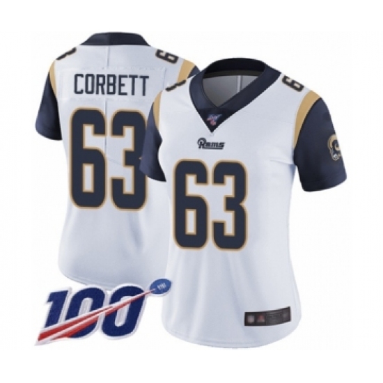 Women's Los Angeles Rams 63 Austin Corbett White Vapor Untouchable Limited Player 100th Season Football Jersey