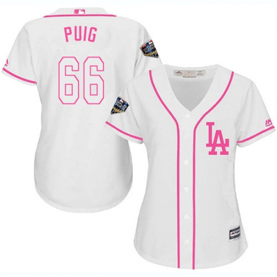Women's Majestic Los Angeles Dodgers 66 Yasiel Puig Authentic White Fashion Cool Base 2018 World Series MLB Jersey
