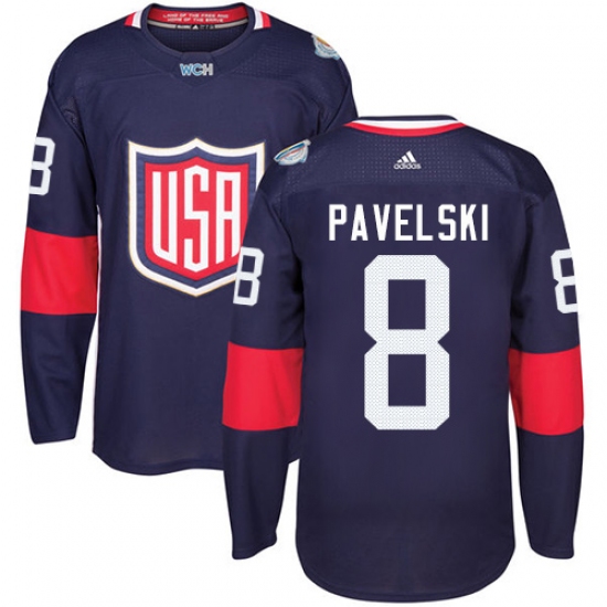 Men's Adidas Team USA 8 Joe Pavelski Authentic Navy Blue Away 2016 World Cup Ice Hockey Jersey