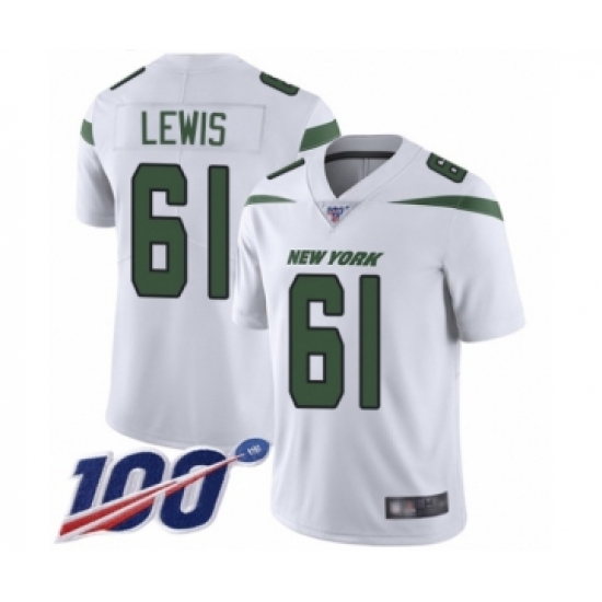 Men's New York Jets 61 Alex Lewis White Vapor Untouchable Limited Player 100th Season Football Jersey