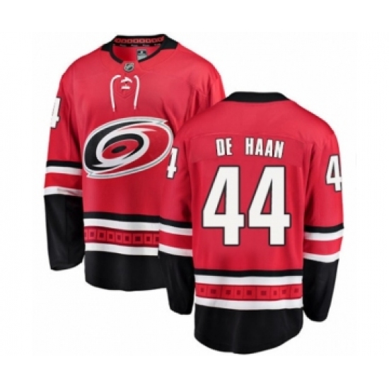 Youth Carolina Hurricanes 44 Calvin De Haan Authentic Red Home Fanatics Branded Breakaway NHL Jersey