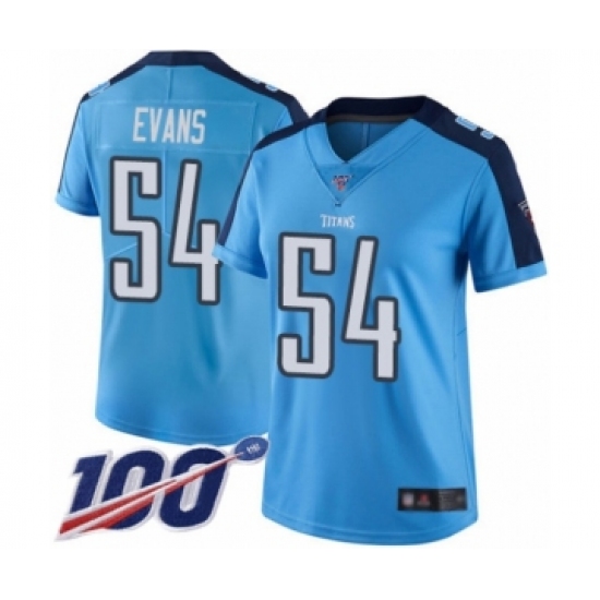 Women's Tennessee Titans 54 Rashaan Evans Limited Light Blue Rush Vapor Untouchable 100th Season Football Jersey