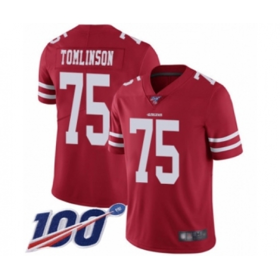 Men's San Francisco 49ers 75 Laken Tomlinson Red Team Color Vapor Untouchable Limited Player 100th Season Football Jersey