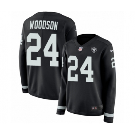 Women's Nike Oakland Raiders 24 Charles Woodson Limited Black Therma Long Sleeve NFL Jersey