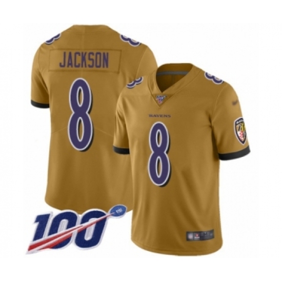 Men's Nike Baltimore Ravens 8 Lamar Jackson Limited Gold Inverted Legend 100th Season NFL Jersey