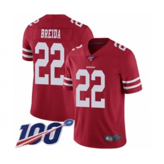 Youth San Francisco 49ers 22 Matt Breida Red Team Color Vapor Untouchable Limited Player 100th Season Football Jersey