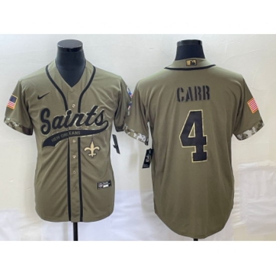 Men's New Orleans Saints 4 Derek Carr Olive 2022 Salute To Service Cool Base Stitched Baseball Jersey