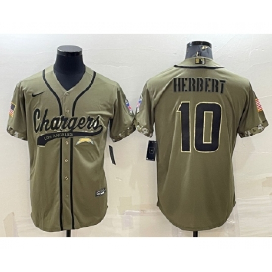 Men's Los Angeles Chargers 10 Justin Herbert Olive Salute to Service Cool Base Stitched Baseball Jersey