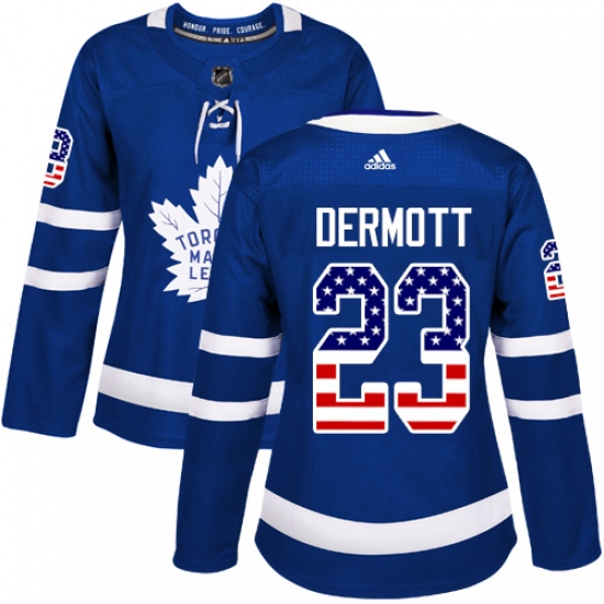Women's Adidas Toronto Maple Leafs 23 Travis Dermott Authentic Royal Blue USA Flag Fashion NHL Jersey