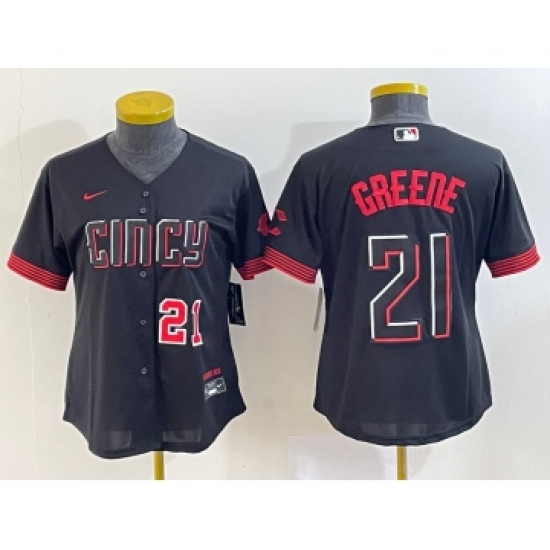 Women's Cincinnati Reds 21 Hunter Greene Number Black 2023 City Connect Cool Base Stitched Jersey2