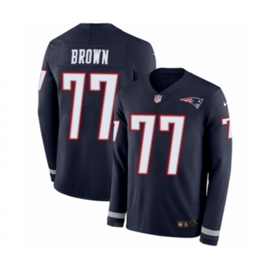 Men's Nike New England Patriots 77 Trent Brown Limited Navy Blue Therma Long Sleeve NFL Jersey