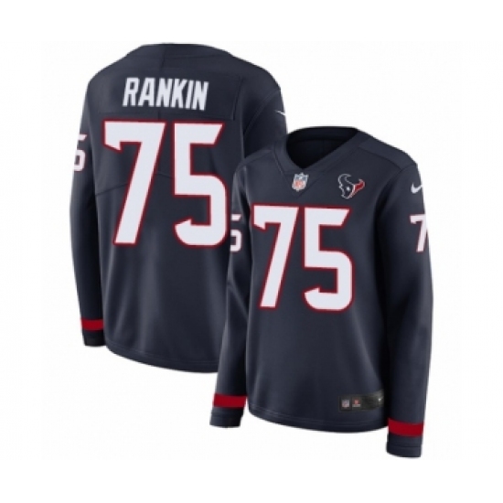 Women's Nike Houston Texans 75 Martinas Rankin Limited Navy Blue Therma Long Sleeve NFL Jersey