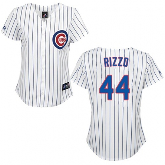 Women's Majestic Chicago Cubs 44 Anthony Rizzo Authentic White/Blue Strip Fashion MLB Jersey