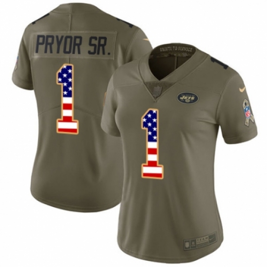 Women's Nike New York Jets 1 Terrelle Pryor Sr. Limited Olive/USA Flag 2017 Salute to Service NFL Jersey