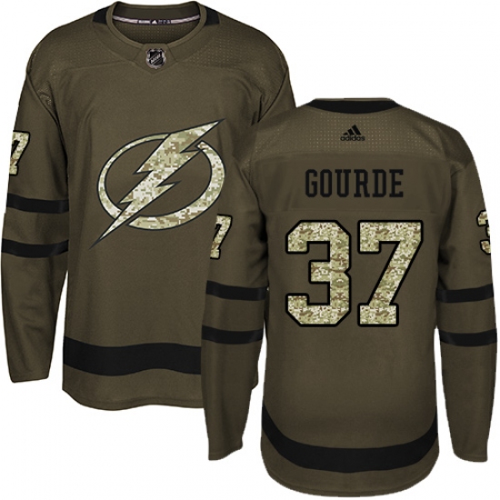 Men's Adidas Tampa Bay Lightning 37 Yanni Gourde Authentic Green Salute to Service NHL Jersey